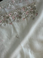 Platinum crushed crape off white saree / SR21646