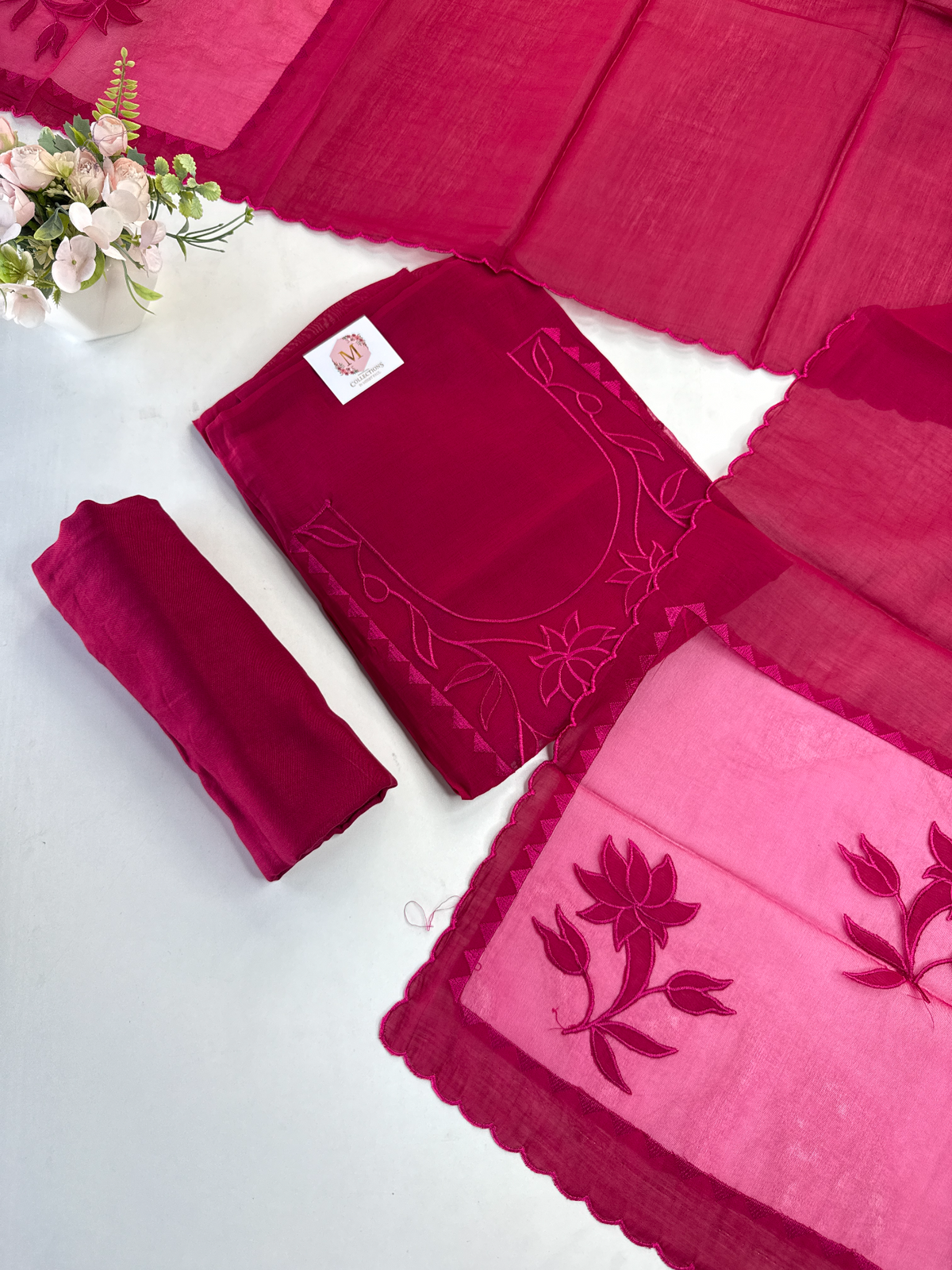 Soft Chanderi unstitched salwar set appliqué/ 1695