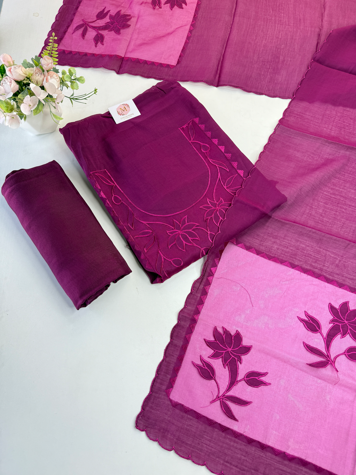 Soft Chanderi unstitched salwar set appliqué/ 1695