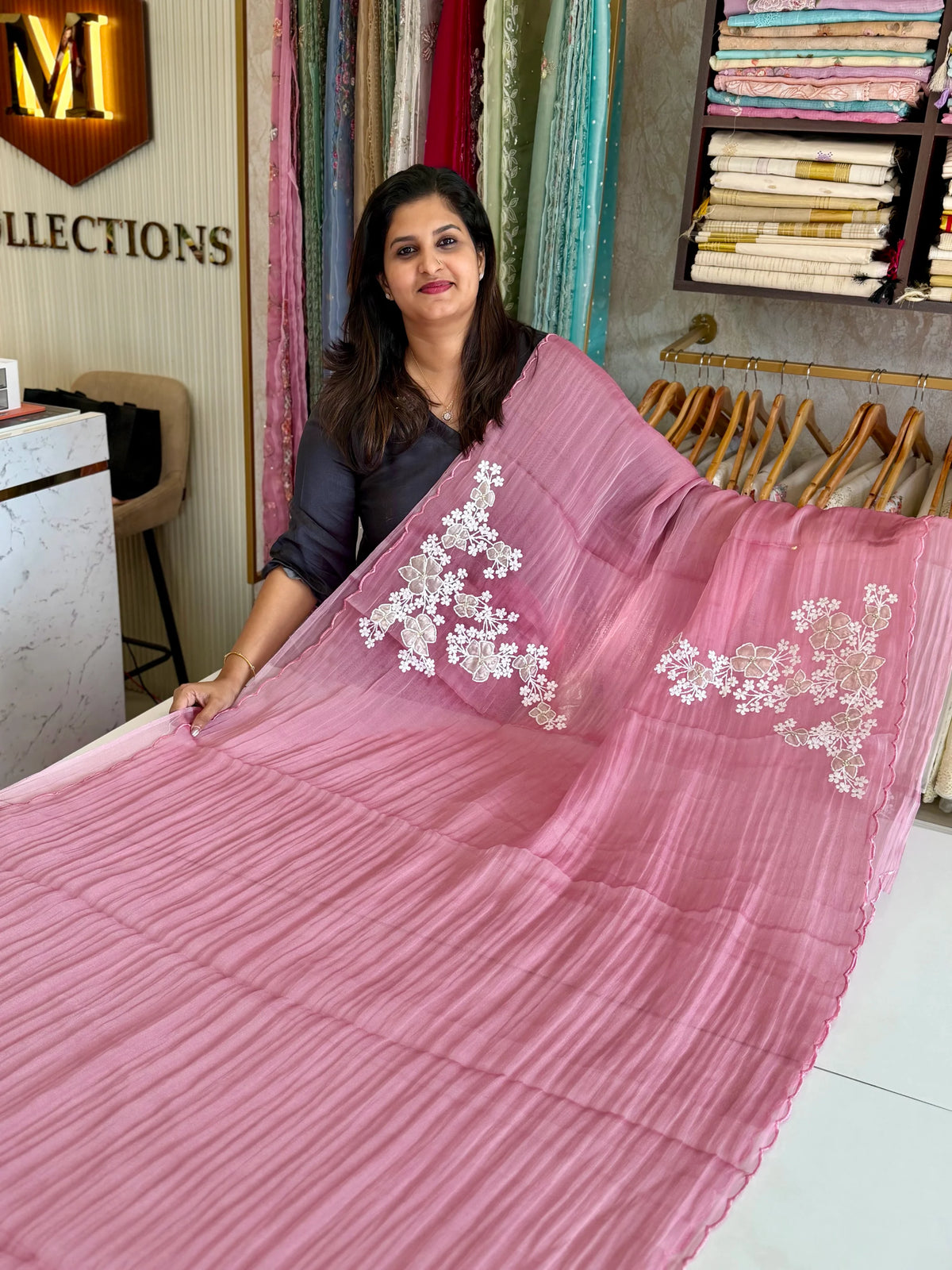 Crushed foil organza saree/BL611