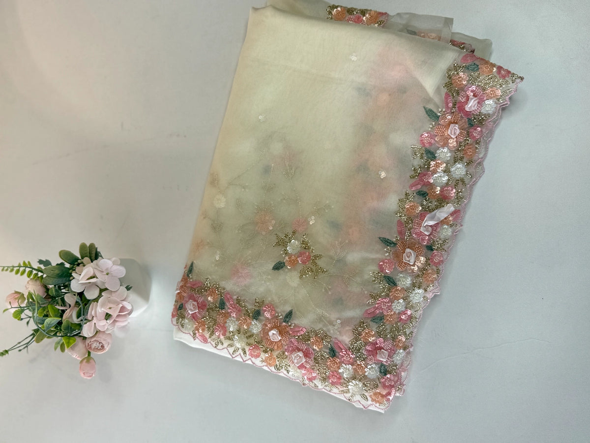 Soft Organza Saree Beige Color / BJ3167