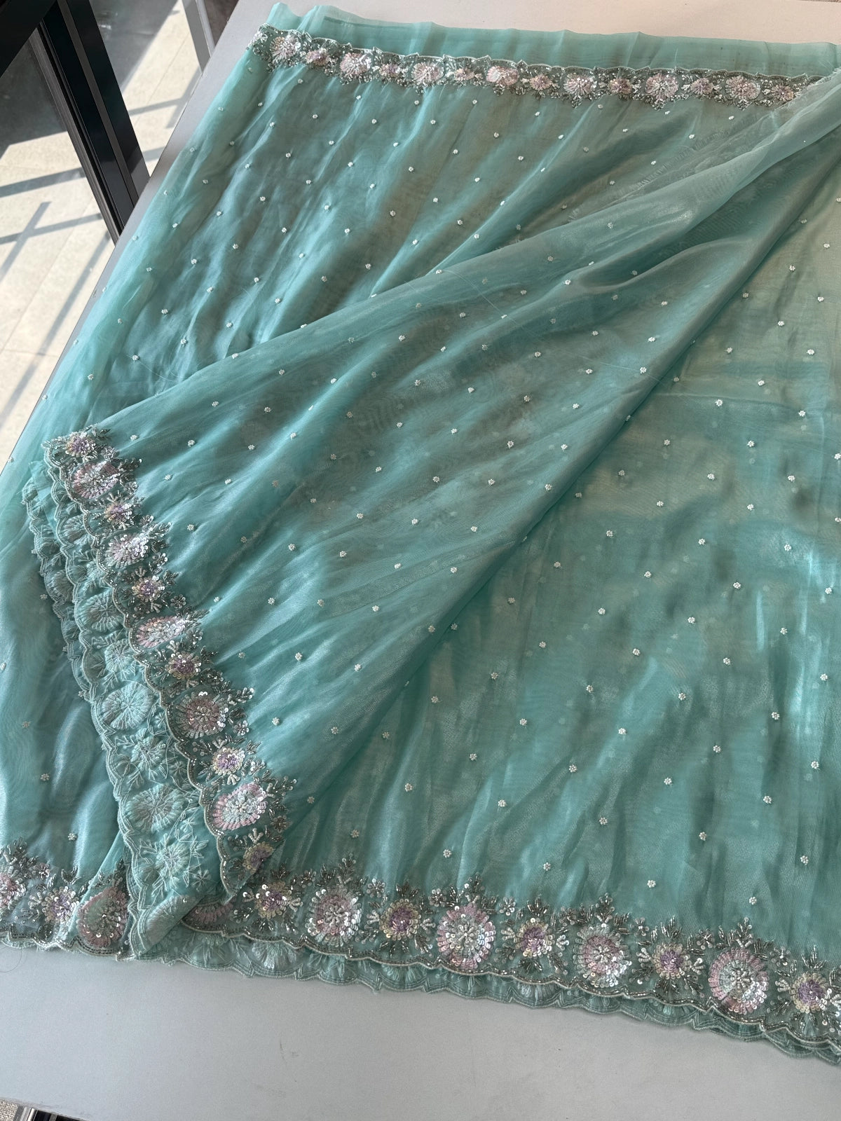 Tissue Organza saree in turquoise blue / SR616