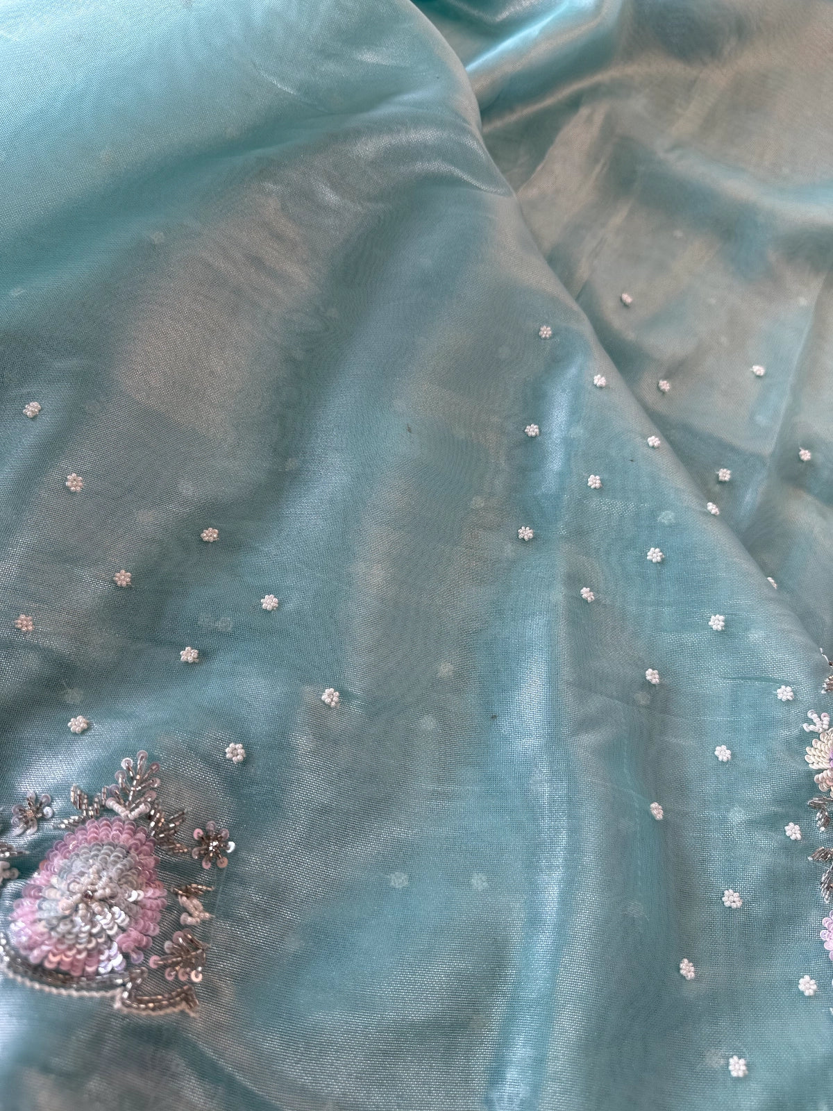 Tissue Organza saree in turquoise blue / SR616